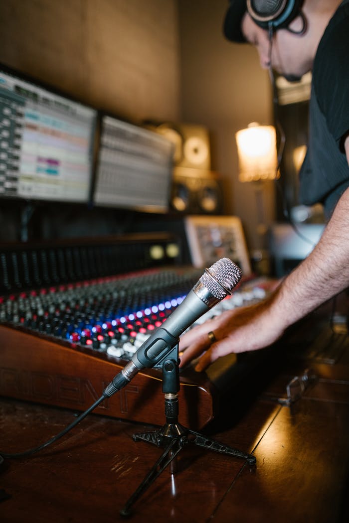 Audio engineer at work in a recording studio using a mixer and microphone.